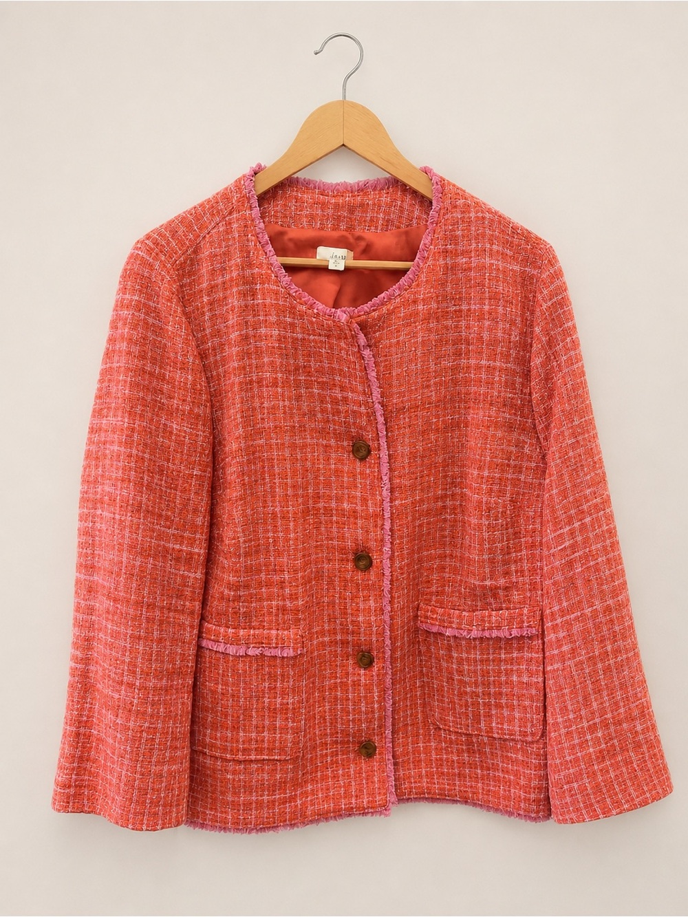J.Jill Textured Tweed Jacket – Coral Pink Orange Fringe Blazer XL